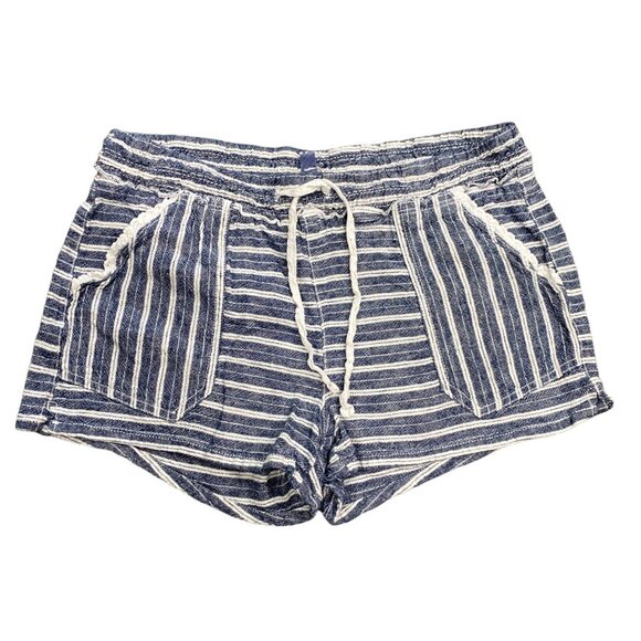Jolt Womens M Shorts Linen Blue White Striped Drawstring Waist Lace Trim Pockets - Picture 1 of 11